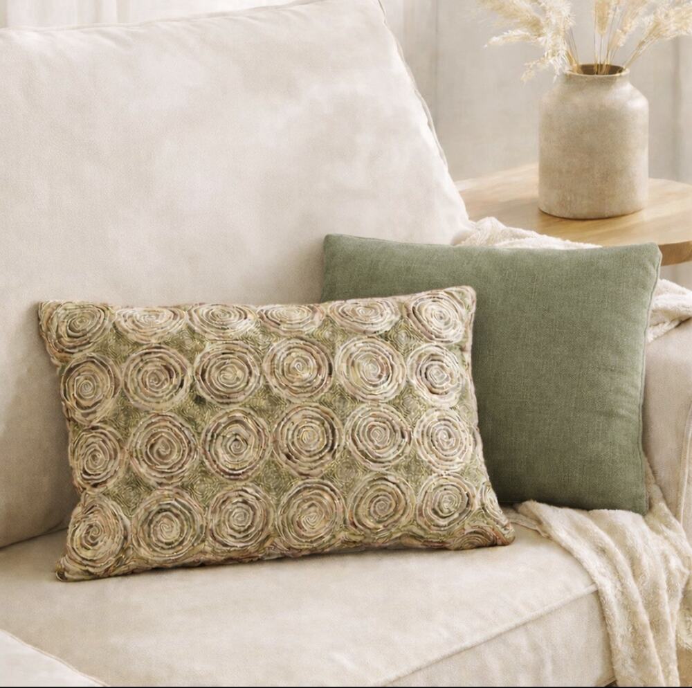 Set of 2 Pier One Embroidered Swirl Olive Throw Pillows Boho Southwest Textured